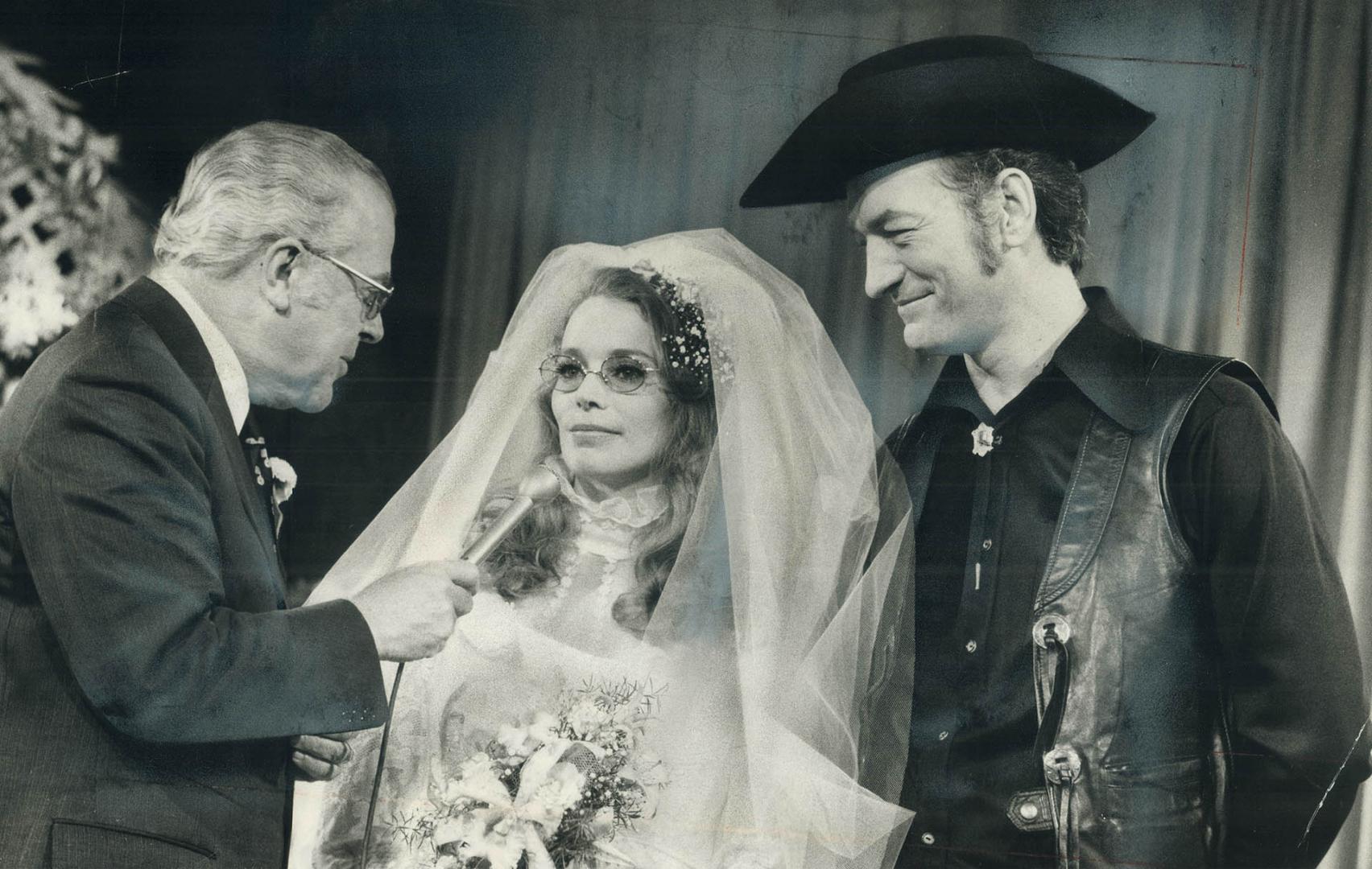 Happiest moment of my life, says Stompin' Tom Connors as he weds Lena Welsh, 26 Magdalen Islands barmaid, on Elwood Glovers TV show, Luncheon Date tod(...)
