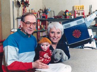 Ernie Coombs and puppeteer Judith Lawrence with puppets Casey and his dog Finnegan