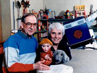 Ernie Coombs and puppeteer Judith Lawrence with puppets Casey and his dog Finnegan