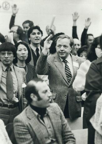 Liberal Hopeful? Jim Coutts, waving in the centre of the crowd, hasn't announced his candidacy for Spadina Riding, but his supporters were at the cent(...)