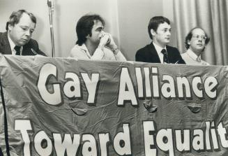 At all-candidates meeting sponsored by homosexual group are David Crombie (left), Brian Mossop, Don Campbell, Ron Thomson