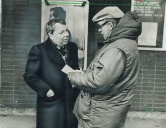 Warming up. Health Minister David Crombie (left), warms up to campaigning now that he has recovered from a Dec. 15 heart attack. In only his second ca(...)