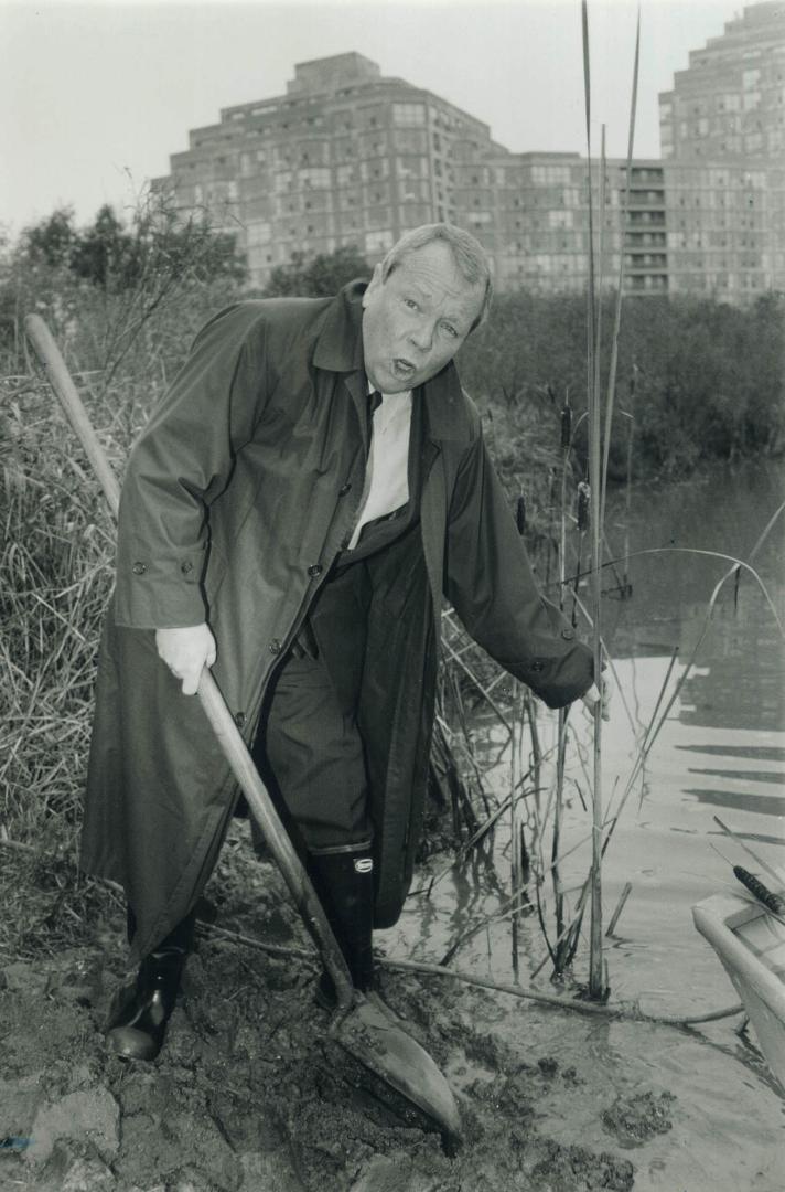 Well-dressed wader. Waterfront commissioner David Crombie plants cattalls in Mimico Creek yesterday as part of a fish and wildlife project to rehabilitate waters in Metro