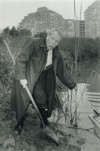 Well-dressed wader. Waterfront commissioner David Crombie plants cattalls in Mimico Creek yesterday as part of a fish and wildlife project to rehabilitate waters in Metro