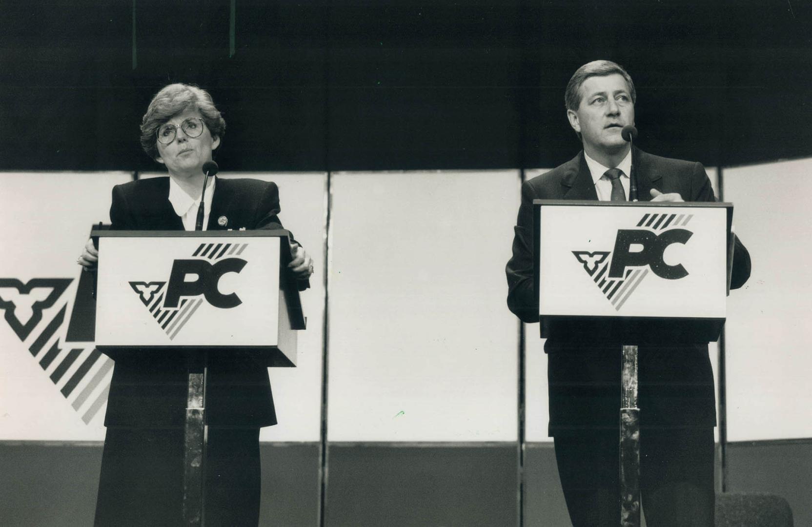 Stressing Differences: Dianne Cunningham, left, is presenting herself as a modern conservative, while Mike Harris, right, promises substance, not image as the two vie for the Ontario Tory leadership