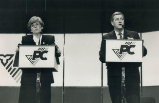 Stressing Differences: Dianne Cunningham, left, is presenting herself as a modern conservative, while Mike Harris, right, promises substance, not image as the two vie for the Ontario Tory leadership