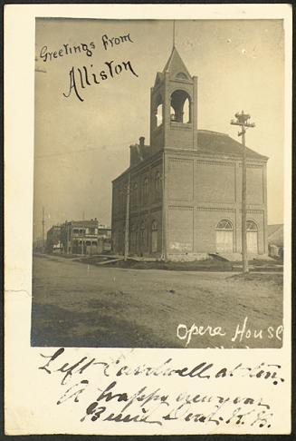 Legend: Greetings from Alliston, Opera House. Image shows a two-storey church-like building wit ...