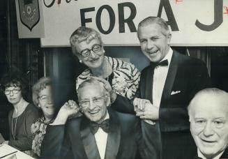 True Davidson, retiring as mayor of East York after 24 years in politics, laughs with two of the men she loved to hate, Metro Chairman Albert Campbell(...)