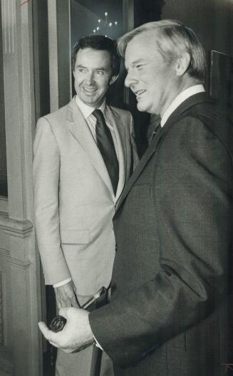 Tete-a-tete. Prime Minister Joe Clark and Premier William Davis head into the premier's Queen's Park office for a private dinner which included smoked(...)