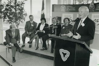 Premier's Awards: Premier Bob Rae pulls up his socks as, from left, winners Fernand Hamelin, Mae Katt, Andrew Faas and Mary Jonik listen to former premier Bill Davis at awards luncheon yesterday