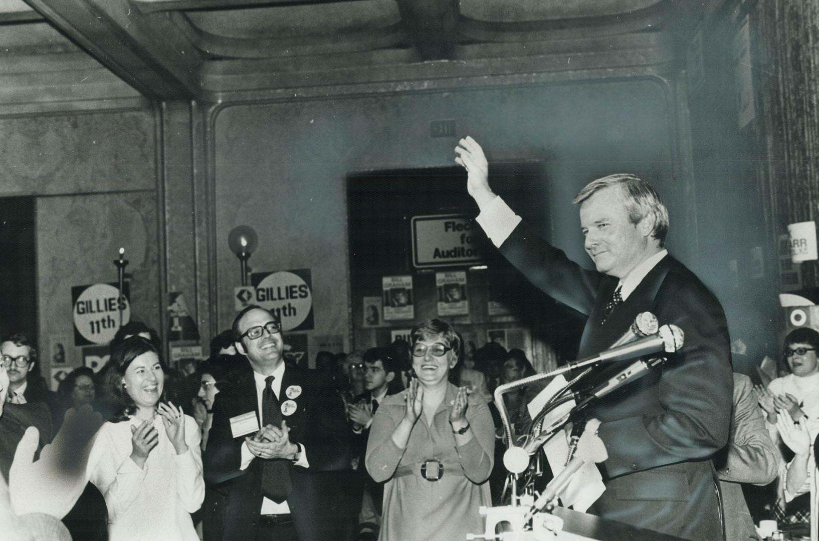 Premier William Davis responds to standing ovation after a speech last night in which he attacked opposition leaders as two faced purveyors of gloom a(...)