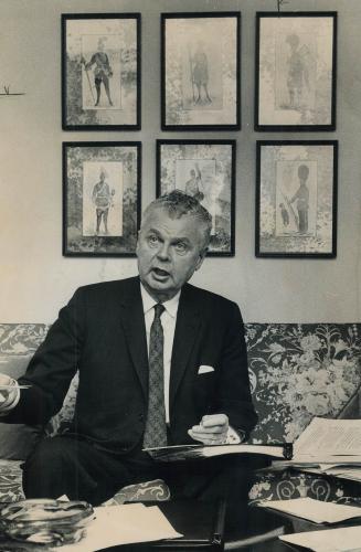 . . . As another prepares for big night. Preparing for big show, Conservative Leader John Diefenbaker puts finishing touches to speech in his hotel ro(...)