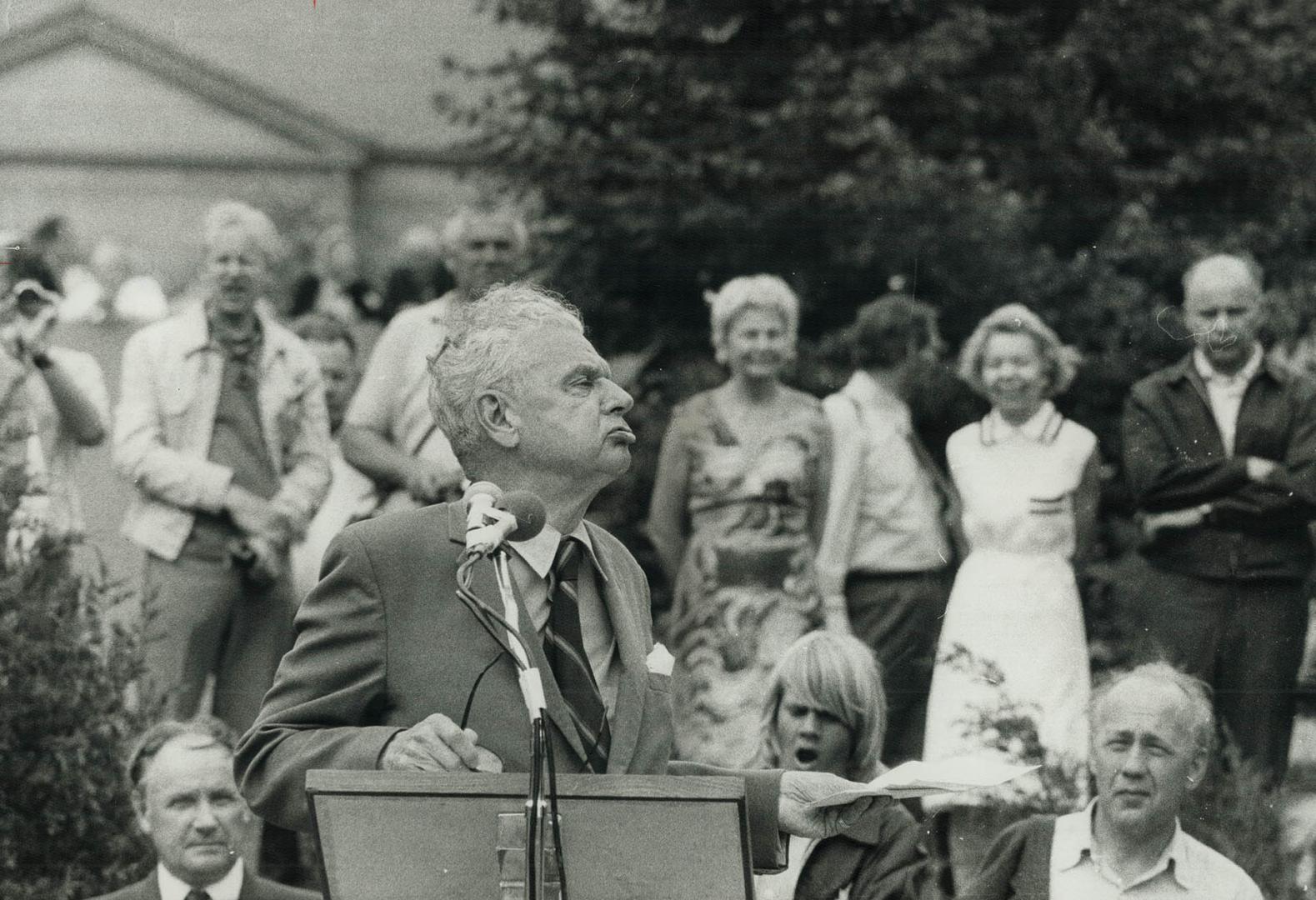 Former prime minister John Diefenbaker addresses Estonians at rally in Nathan Phillips Square today during festival of Estonian culture held through this week