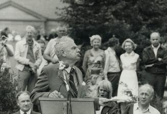 Former prime minister John Diefenbaker addresses Estonians at rally in Nathan Phillips Square today during festival of Estonian culture held through this week