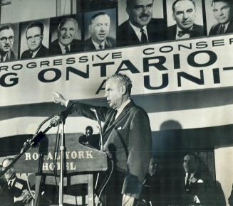 Opposition leader John Diefenbaker tells an enthusiastic audience at the Royal York he is not going to yield an inch on the flag issue. He said the Re(...)