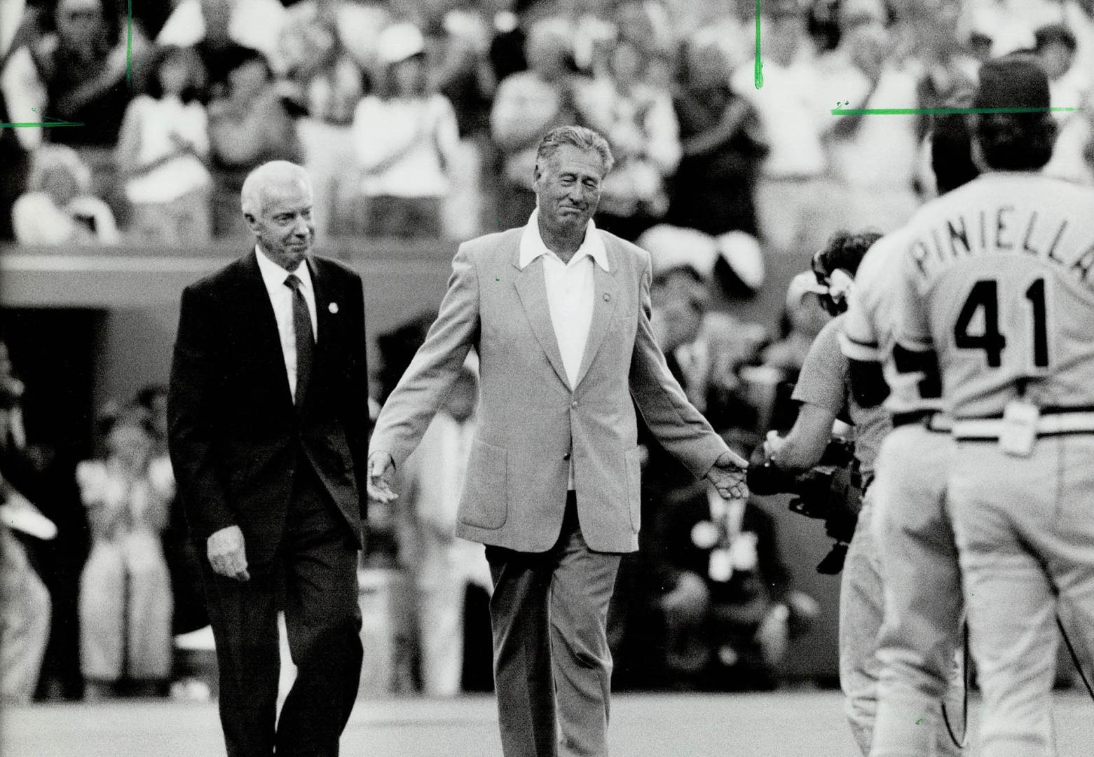 All-Time Greats: Joe DiMaggio, left, and Ted Williams are honored in a  presentation with NL manager Lou Piniella and others before last night's  game – All Items – Digital Archive : Toronto