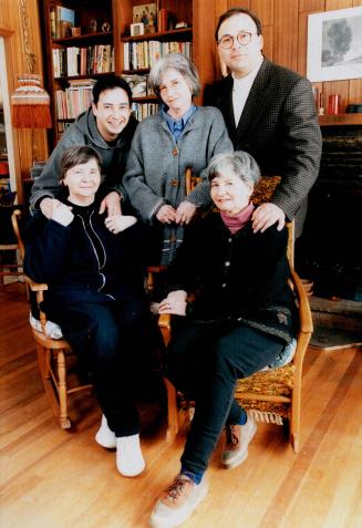 Feel relief: The Dionnes, from left, Cecile, Yvonne and Annette, share their change in fortune with Bertrand Dionne, left, and their spokesperson, Carlo Tarini, at their Montreal home yesterday