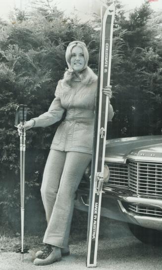 Mrs. Ron Ellis wears Antigliss Ski suit. She is wife of Toronto Maple Leaf's leftwinger