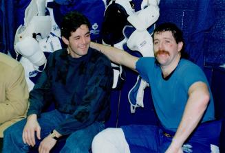 Hurting leafs: Dave Ellett, left, sat out practice with sore knee, while Mike Bullard got clipped by a puck yesterday at the Gardens