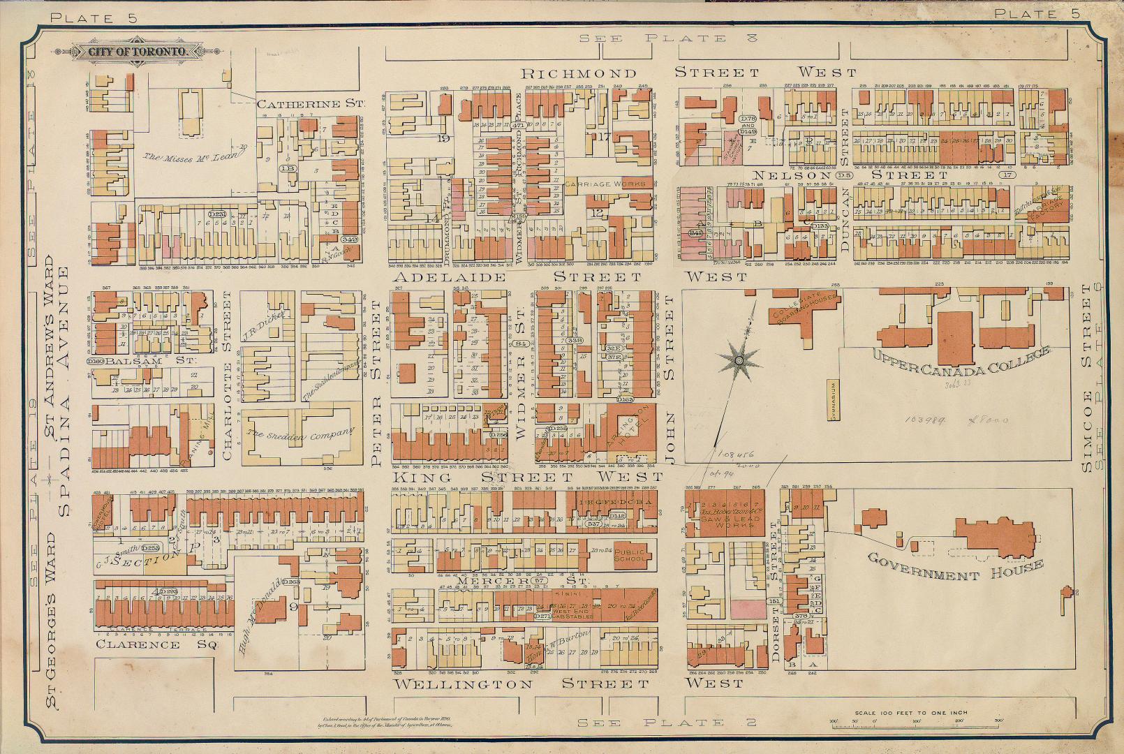 Atlas of the city of Toronto and vicinity from special survey founded on registered plans and showing all building and lot numbers.