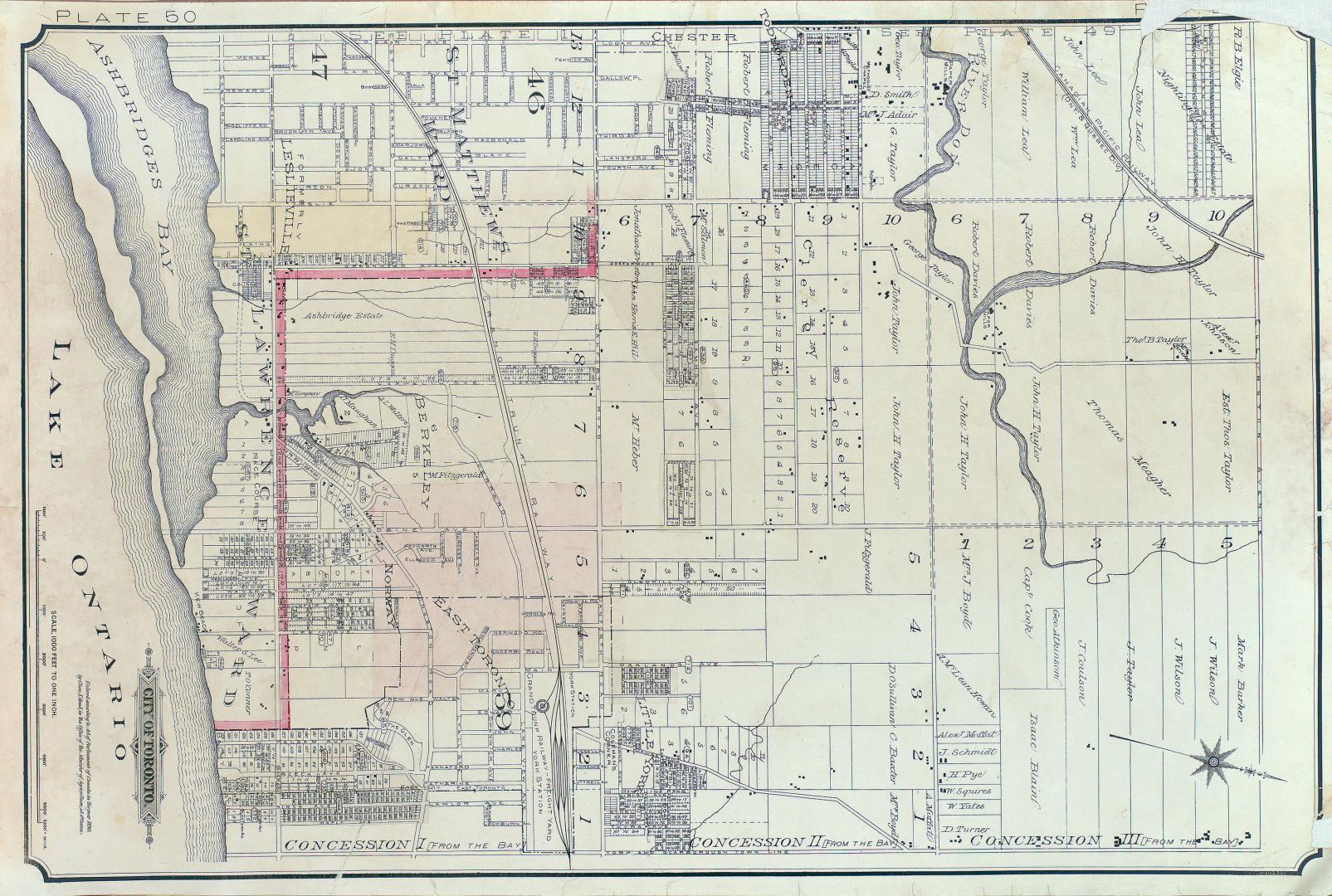 Atlas of the city of Toronto and vicinity from special survey founded on registered plans and showing all building and lot numbers.