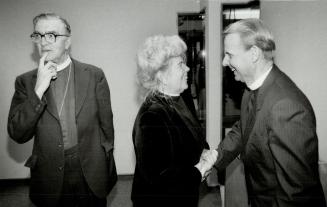 New bishop: Rev. Elizabeth Kilbourn congratulates Rev. Terence Finlay following his election over nine candidates yesterday as an Anglican bishop, whi(...)