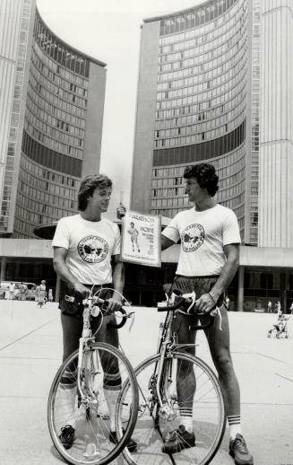 Terry boosters: Cyclists Garth Walker (left) and Jim Brown started gathering pledges yesterday at City Hall Terry Fox