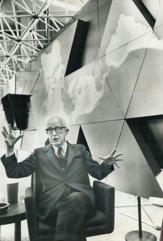 R. Buckminster Fuller, 78, the innovative architect-engineer-writer, sits in front of a model of his geodesic dome at the Ontario Science Centre, wher(...)