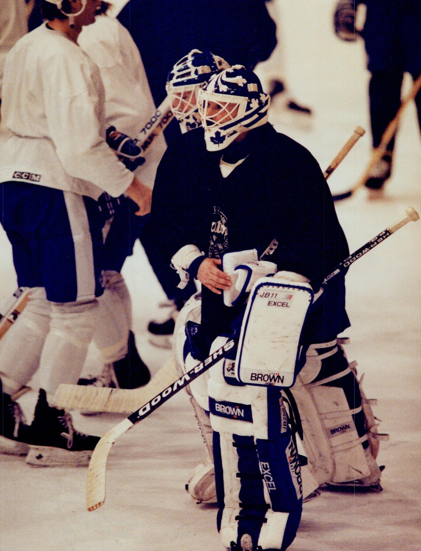 Double Trouble: Beleaguered Maple Leaf goalies Grant Fuhr (foreground) and  Jeff Reese skated out their problems yesterday during workout at Gardens –  All Items – Digital Archive Ontario