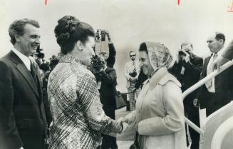 Prime minister. Indira Gandhi of India arrives at Toronto International Airport today and is welcomed oin behalf of the province by Margaret Birch, mi(...)