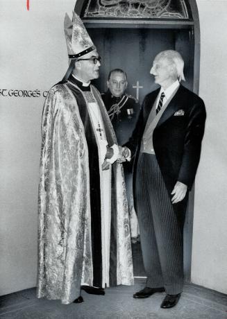 After service in St. James' Anglican Cathedral for the opening of courts, Toronto Bishop Lewis Garnsworthy talks with Lieutenant-Governor Ross Macdonald