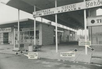 Crosses on photograph at Newtonbrook Plaza, North York, show where three youths were shot (left) by a gunman (centre) who had ordered them to line up.(...)