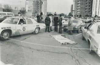 Image shows a crime scene in between two police cars.