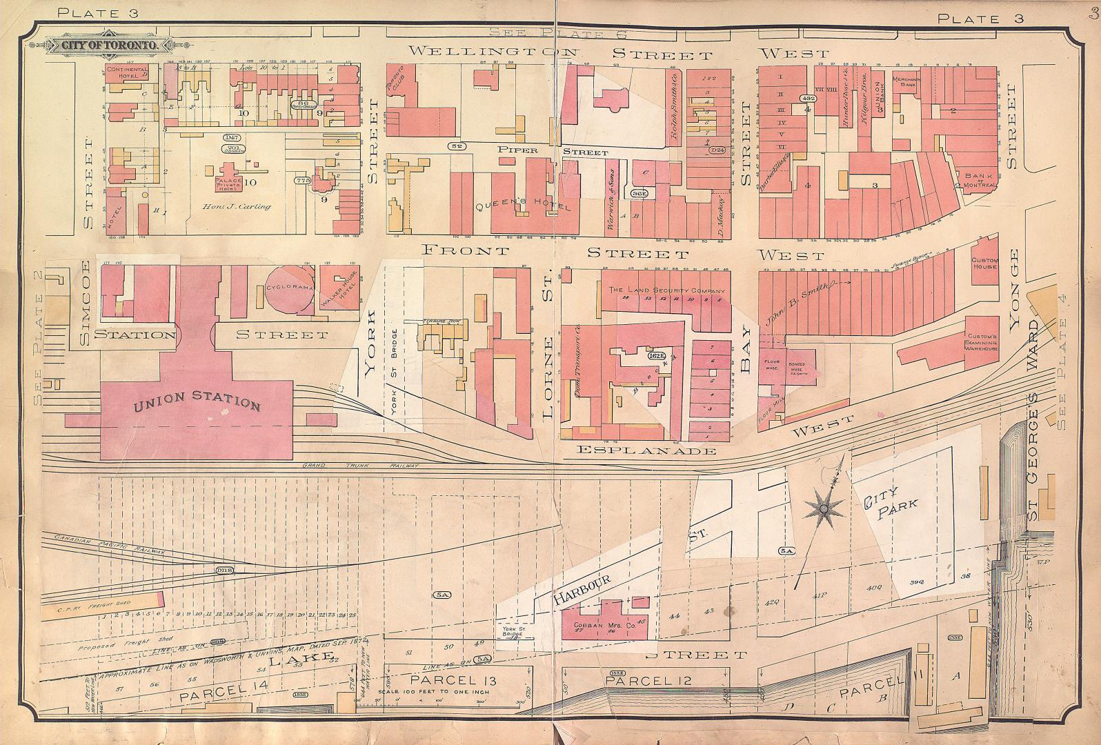 Atlas of the city of Toronto and vicinity from special survey founded on registered plans and showing all building and lot numbers.