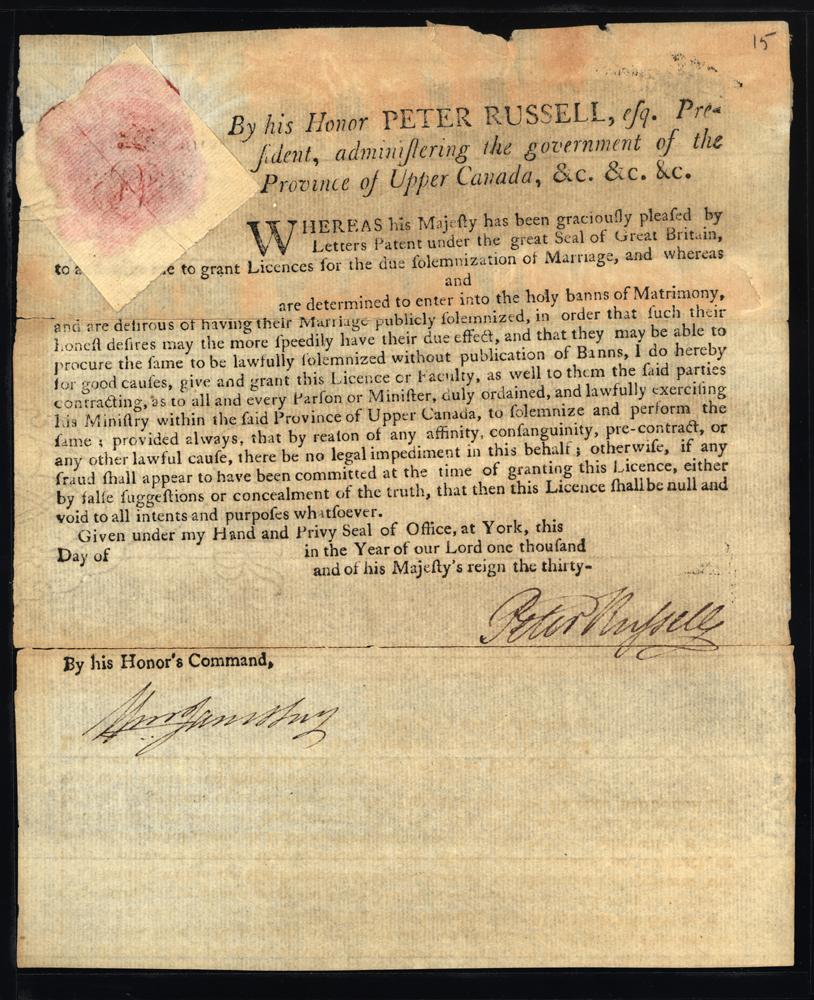 Marriage License form issued by Peter Russell, President