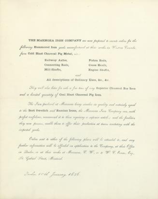 The Marmora Iron Company are now prepared to execute orders for the following hammered iron goods manufactured at their works in Western Canada