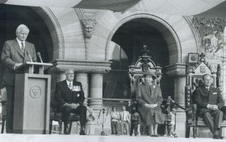 Queen in Queen's Park: Flanked by Lieutenant-Governor John Black Aird and Prince Philip, Queen Elizabeth listens to Premier William Davis praise her as an inspiration and beacon of stability