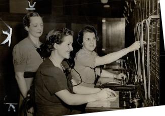 Handling Royal calls while train is in Toronto, The flying fingers of these three Toronto telephone operators will flip plugs and switches on the swit(...)