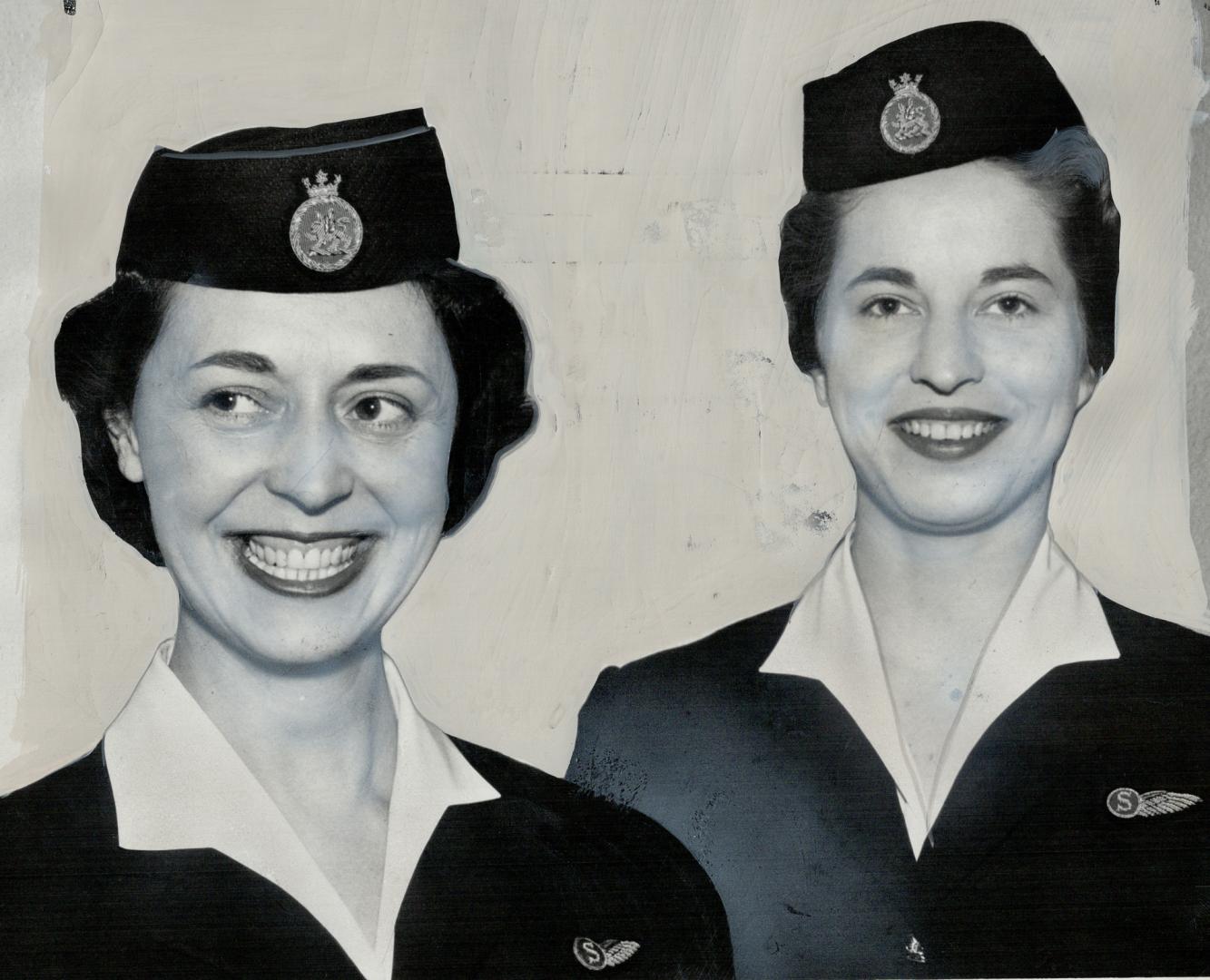 Peggy Brade, left, and Rosemary Pridmore, BOAC stewardesses from England, are accompanying the Queen Mother on Montreall-Honolulu flight