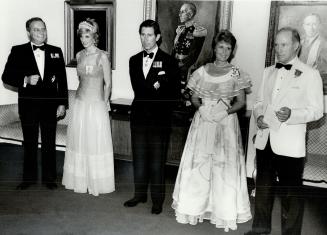 At Rideau Hall dinner: Governor-General Edward Schreyer, Diana, Charles, Lily Schreyer, Prime Minister Pierre Trudeau