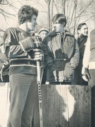 A Prince at the rink, Prince Andrew (right), the Queen's second son, chats with fellow student, Jim Irwin, today as he tours Lakefield College School (...)
