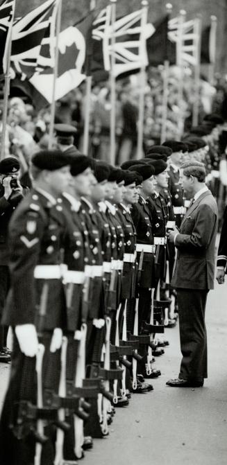 Close inspection: The Princess chat with a young cancer patient, while at right the Prince inspects troops of the honor guard