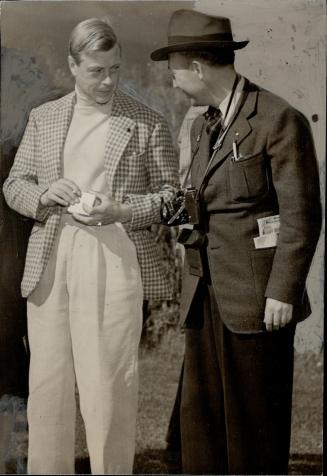 Gordon Sinclair, who interviewed the Duke of Windsor shortly after his arrival in the Bahamas as governor, here chats with him outside the ranch house