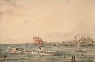 Image shows a few boats on the lake with some buildings in the background.