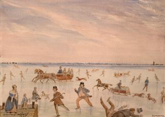 Image shows a number of people skating on the lake. Others are taking a sleigh ride.
