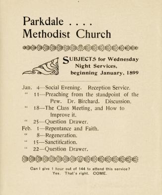 Parkdale Methodist Church, subjects for Wednesday night services beginning January 1899