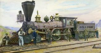 Image shows a number of people in front of a steam locomotive.
