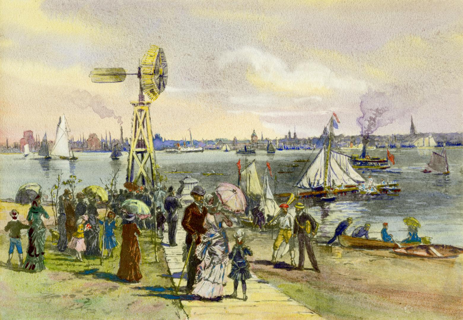 Painting shows a lot of people on the Toronto Island with the Harbour in the background.