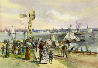 Painting shows a lot of people on the Toronto Island with the Harbour in the background.