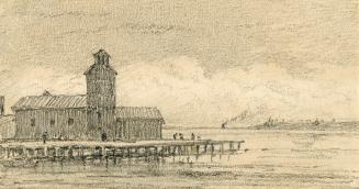 Image shows a lake view with a building on the left.